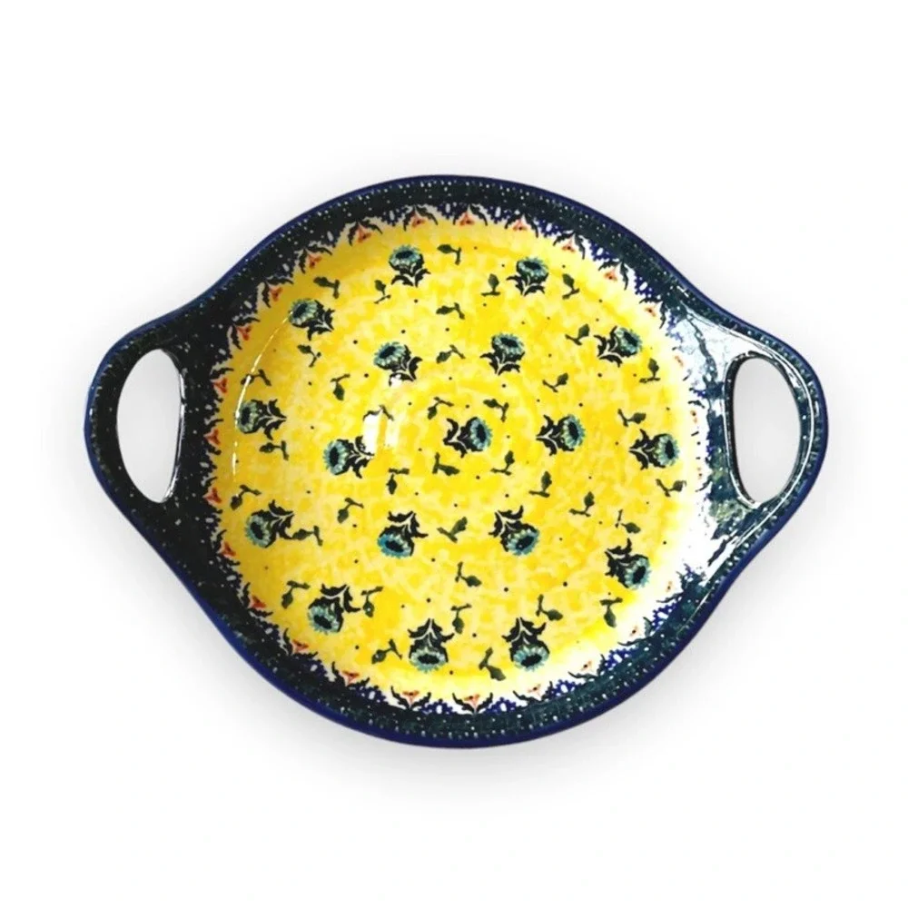 Boleslawiec Polish Pottery Yellow Blue Round Serving Tray w/ Handles Coneflower